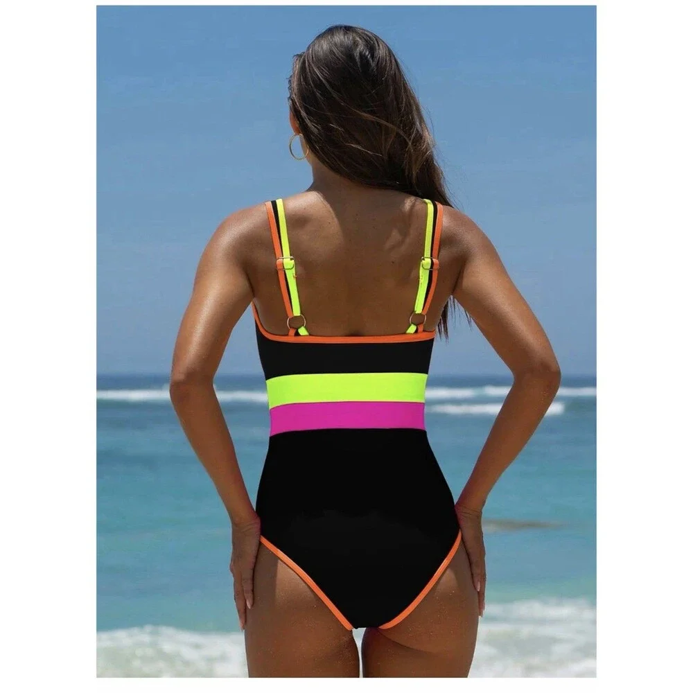 Popvil Women's Black Neon Colorblock One Piece Swimsuit Wide Straps, S